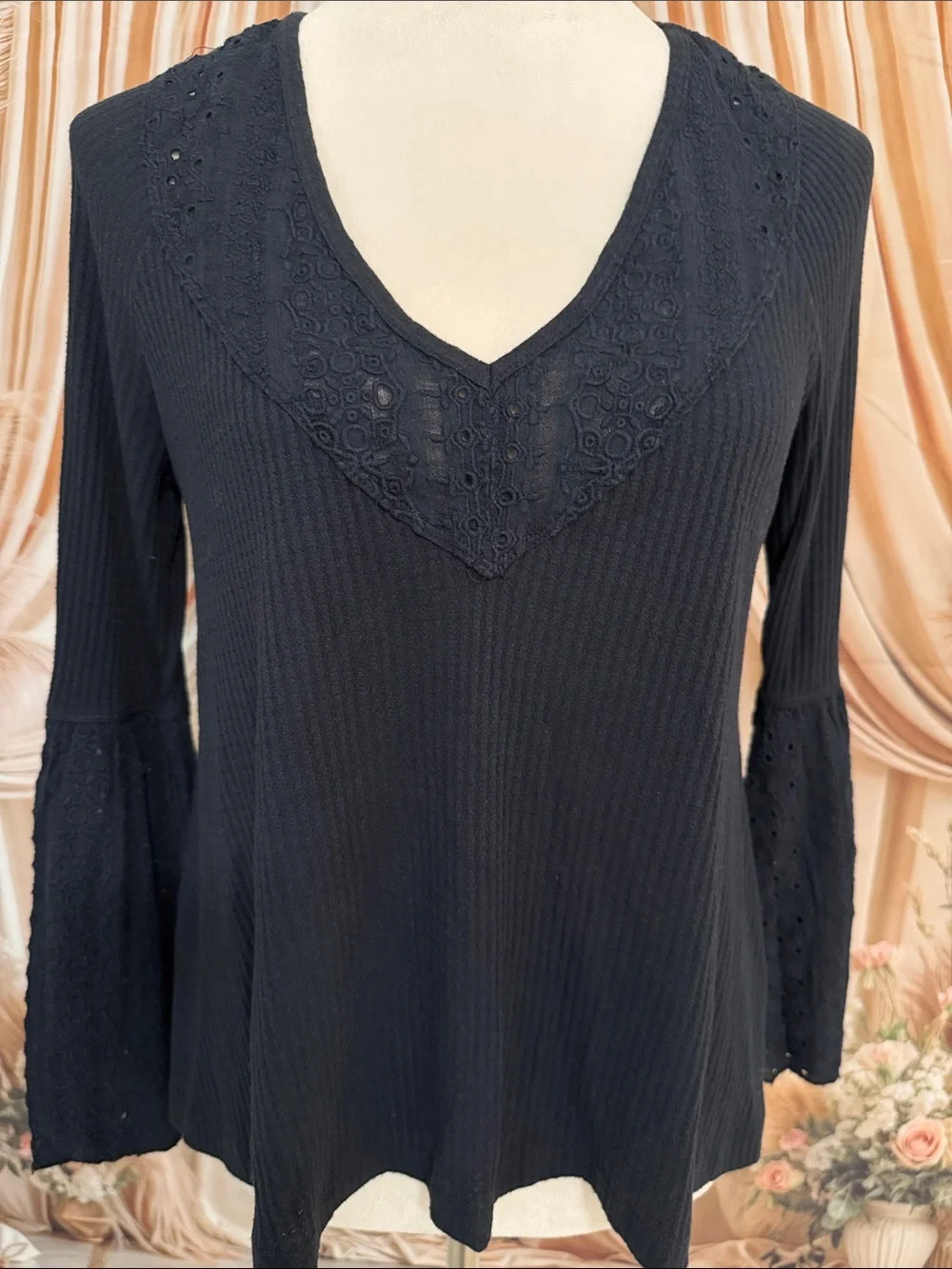 Free People Navy Blue Ribbed V-Neck Long Sleeve Top with Lace Insets
